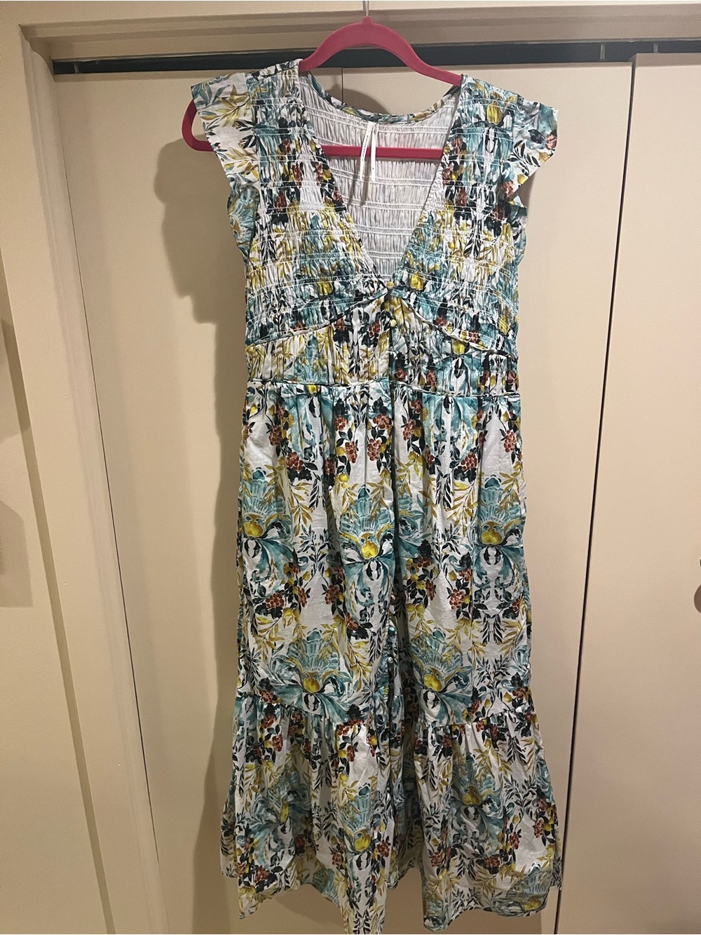 Anthropologie White Maxi Dress with Teal & Yellow Floral Print